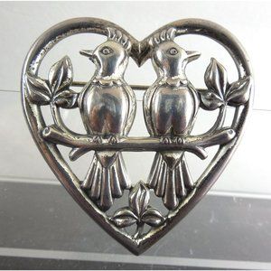 Vintage 1940s Coro Sterling Silver Birds In Heart Brooch Adolph Katz Design